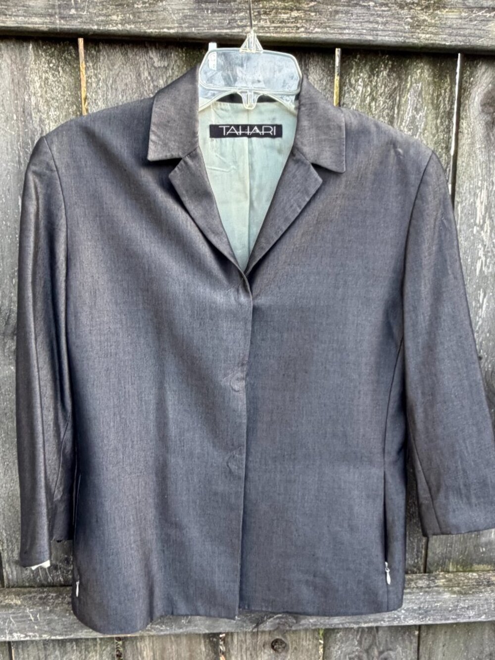 TAHARI Gray 3/4 Zippered Sleeves Pockets Snap Buttons Rayon Blend Jacket M